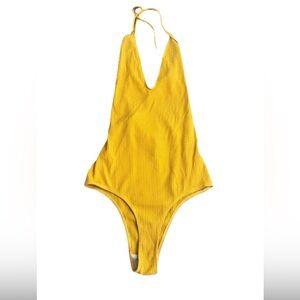Reformation Vintage Ribbed Mustard Womens XS Halter One Piece Bodysuit
